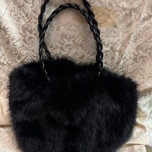 Black Faux Fur Handbag with Braided Handles - Unbranded
